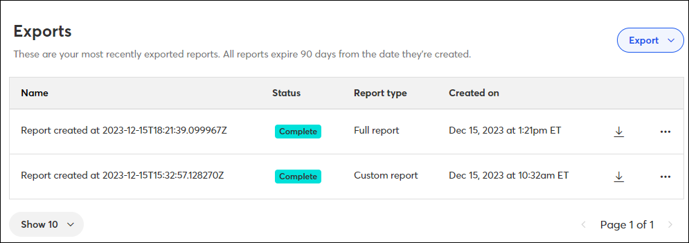 Export table with full and custom report