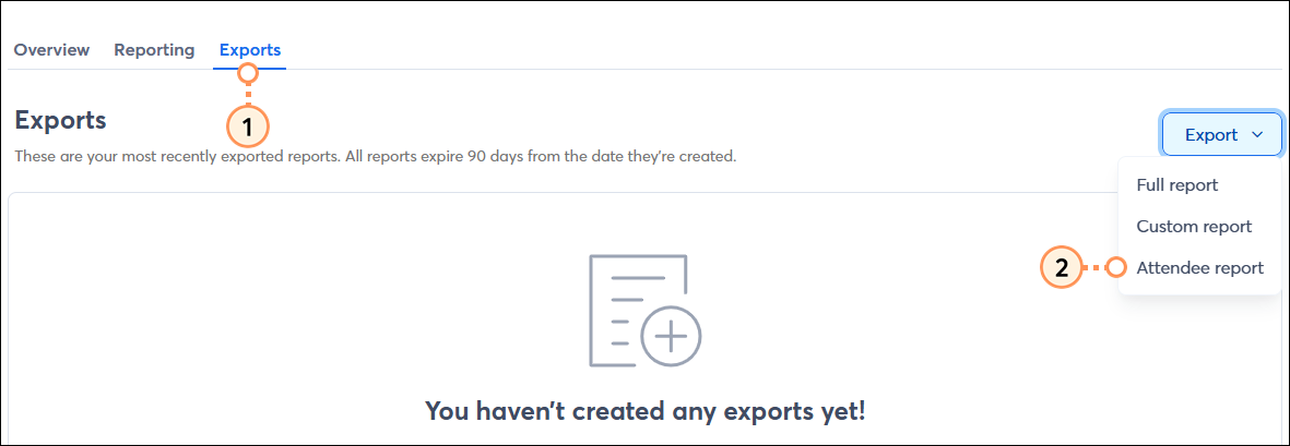 Exports Tab Export dropdown Attendee Report
