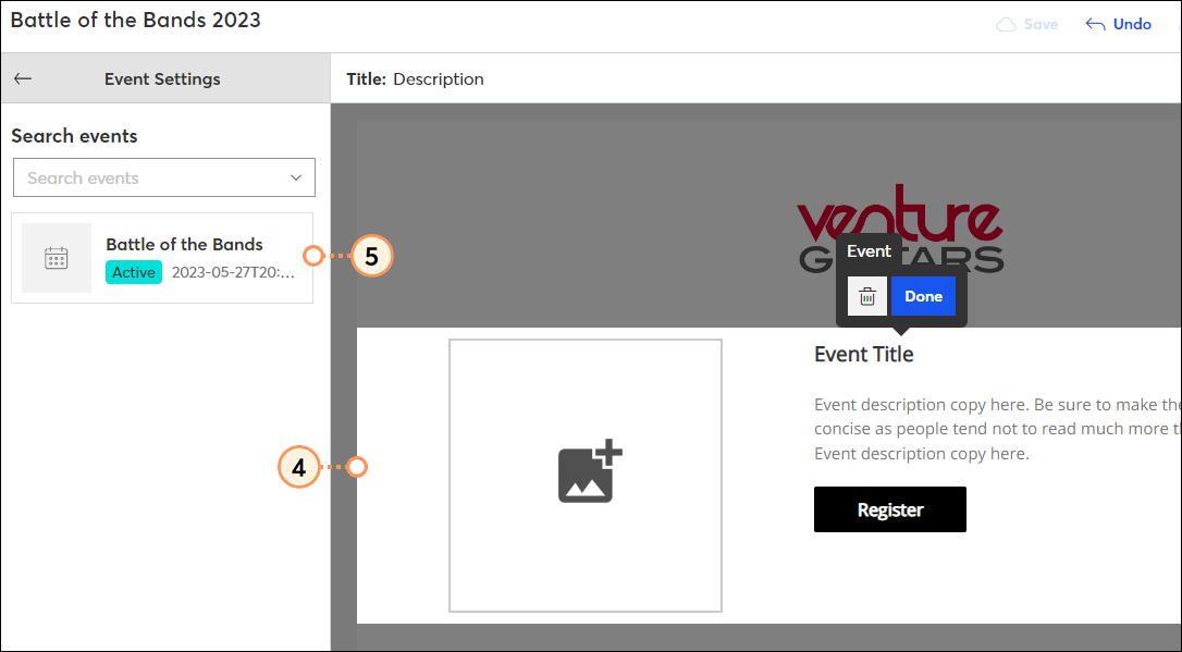 Click event block and select event