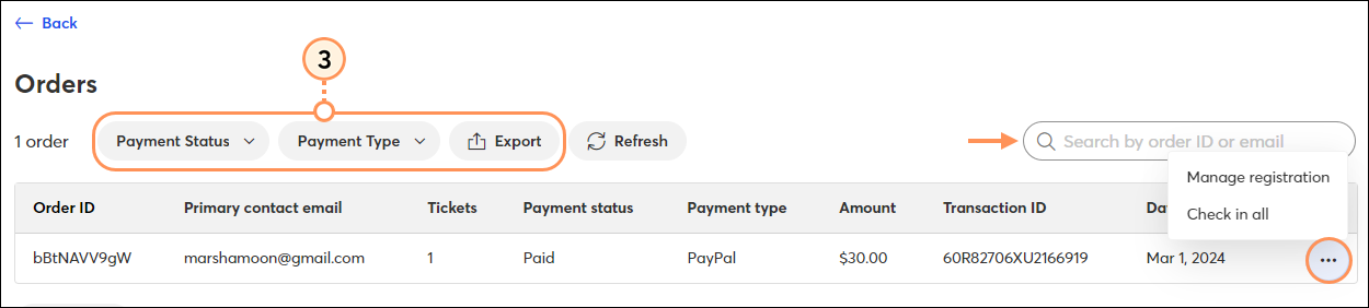 Orders dashboard filter search export options