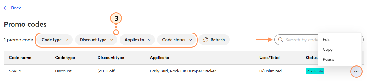 Filter and search promo codes report