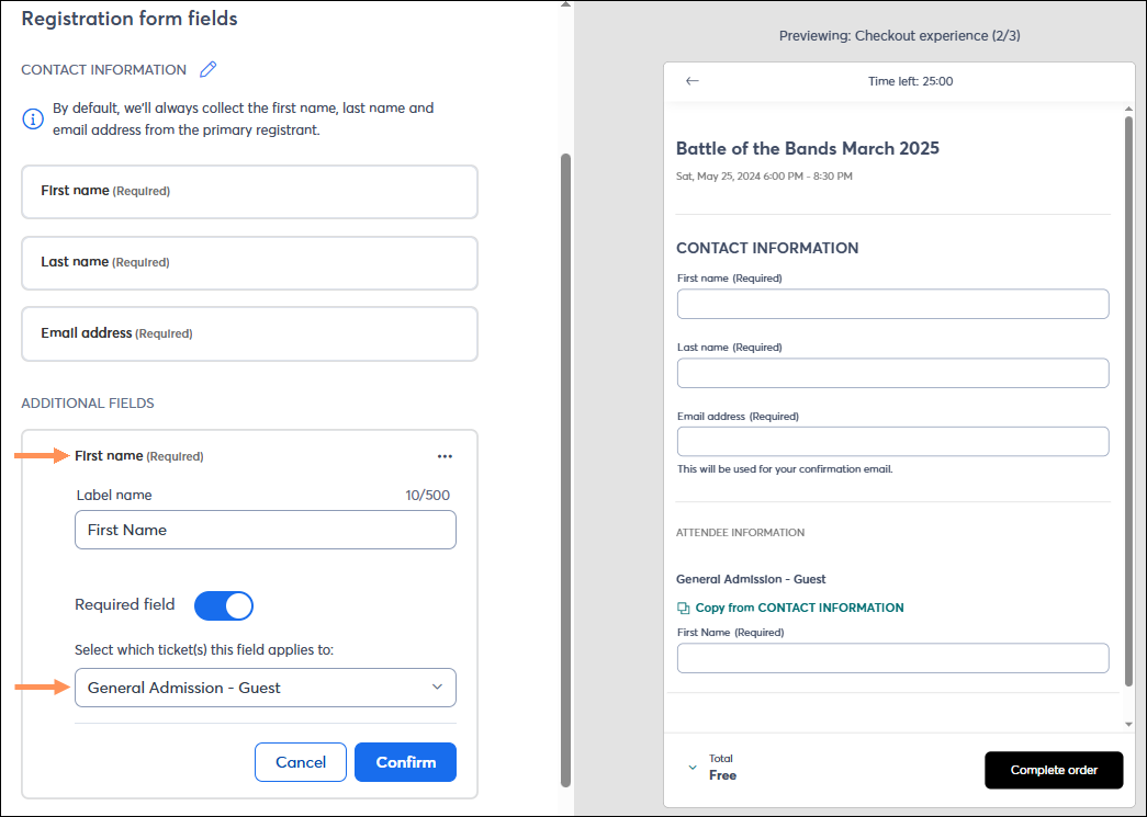 Collect Info for Guest Ticket Type First name