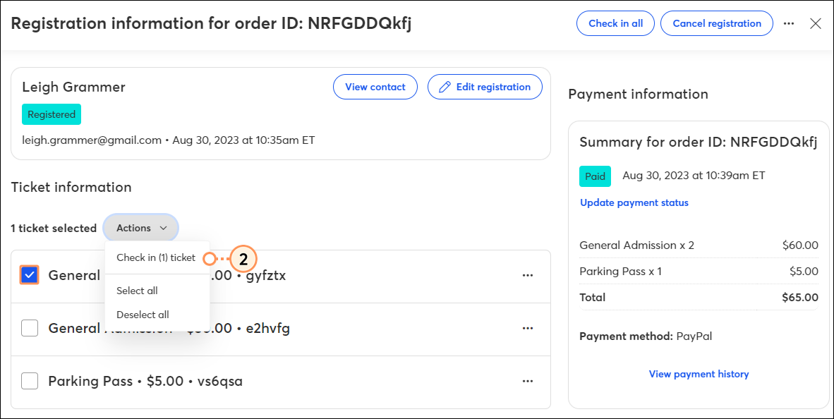 Check in only selected tickets