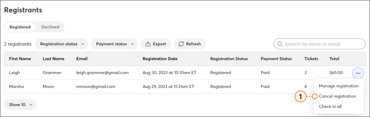 Cancel a registration
