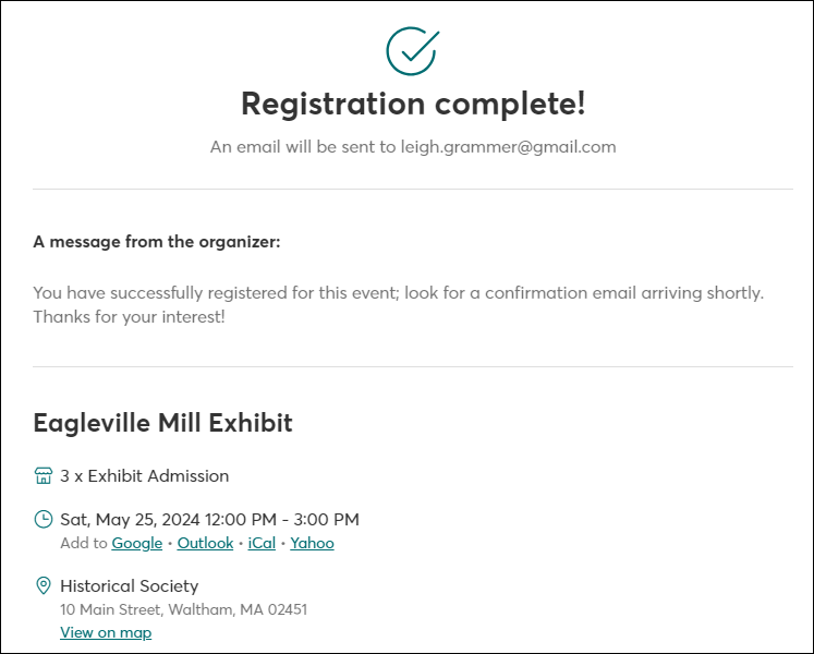 Registration Confirmation for event without printable tickets