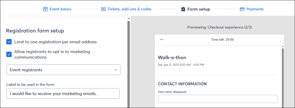 Event Builder Form Setup Page