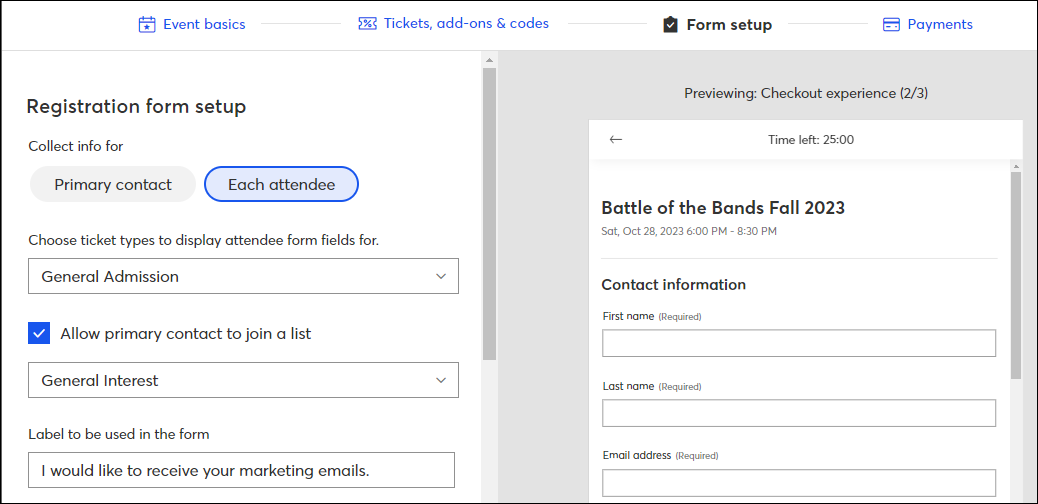 Event-Builder Setup-Seite Formular Informationen sammeln für
