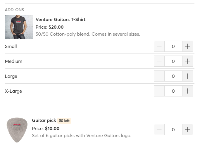 Items for sale on registration page