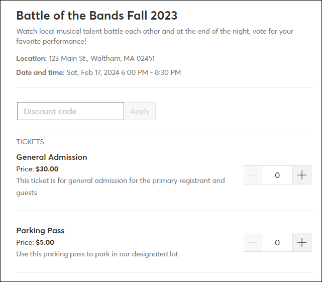 Ticket and add on options with hidden options not revealed