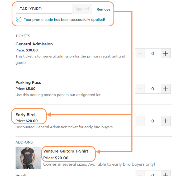 Add promo code and reveal hidden ticket and add-on