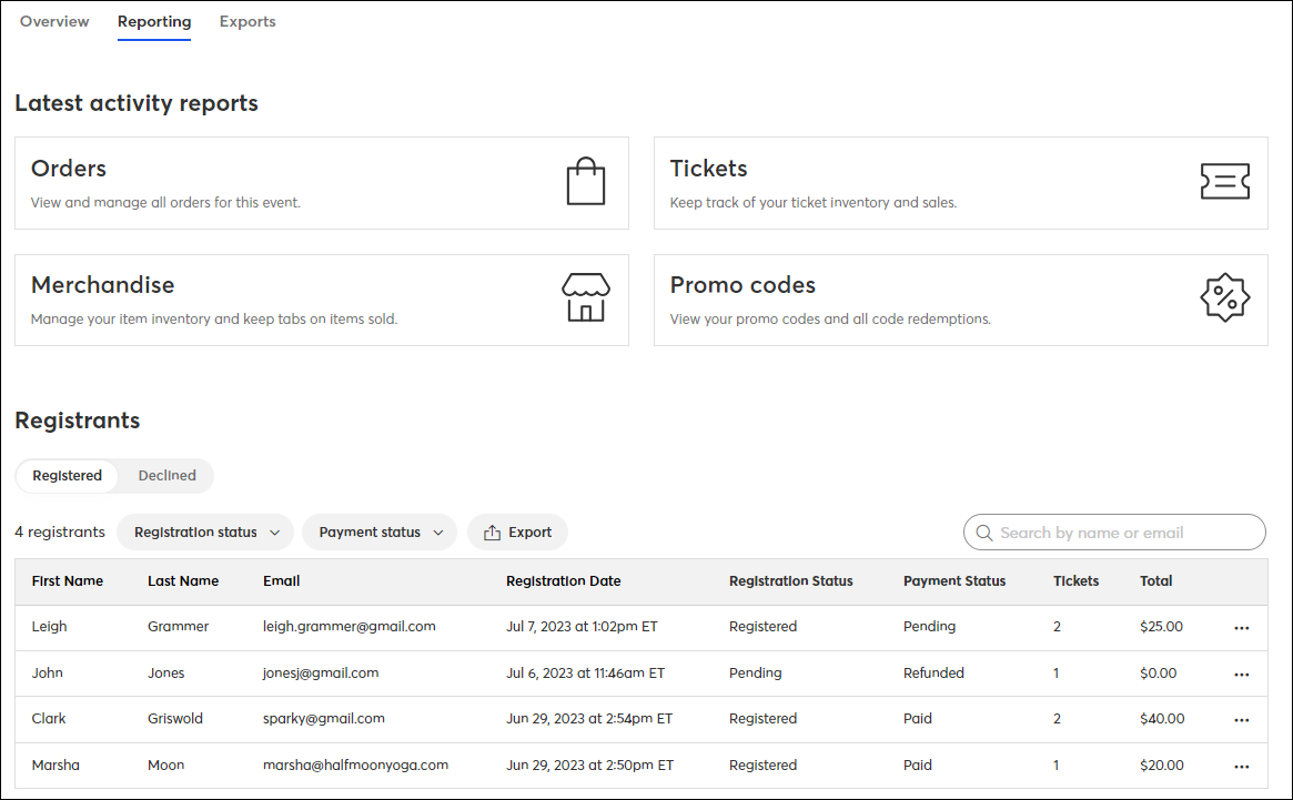 Reporting Page and Registrants List