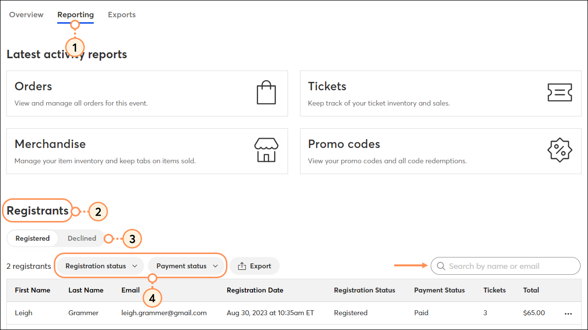 Reporting Tab Registrants Table
