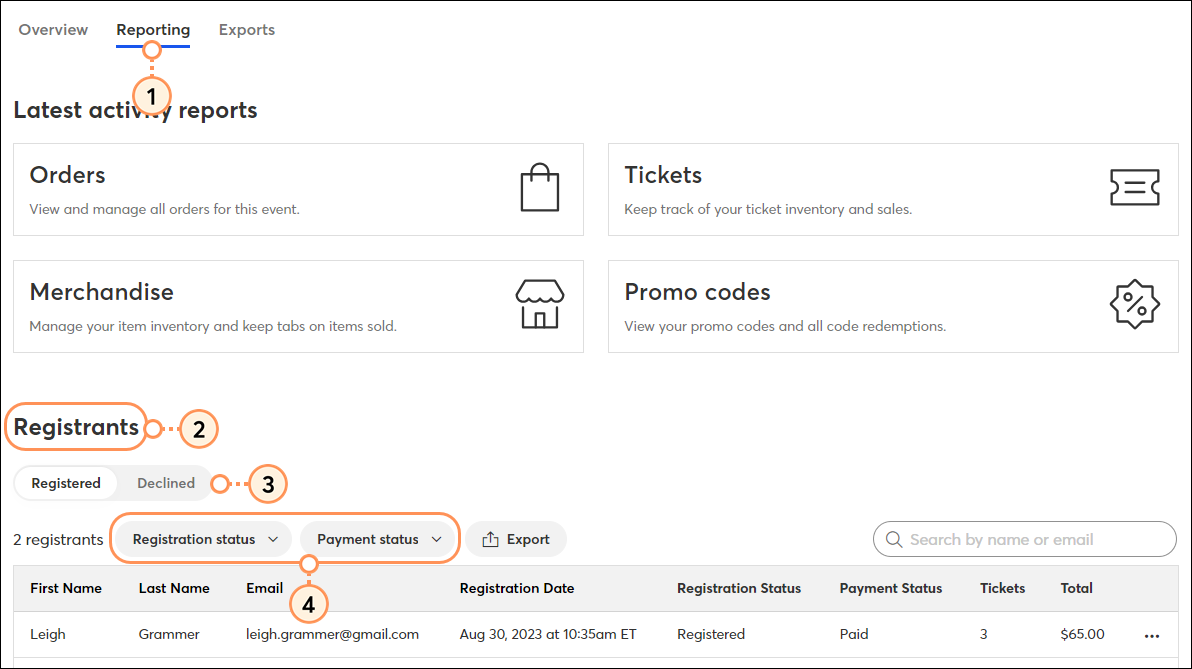 Reporting Tab Registrants Table