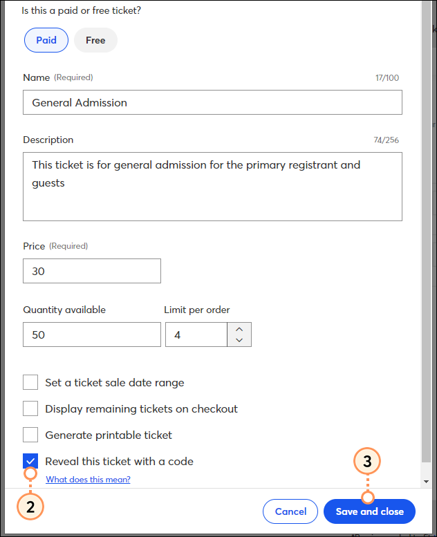 Set ticket to be revealed with a code