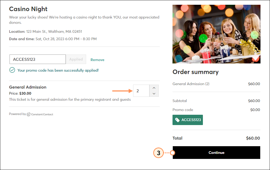 Choose ticket quantity and continue