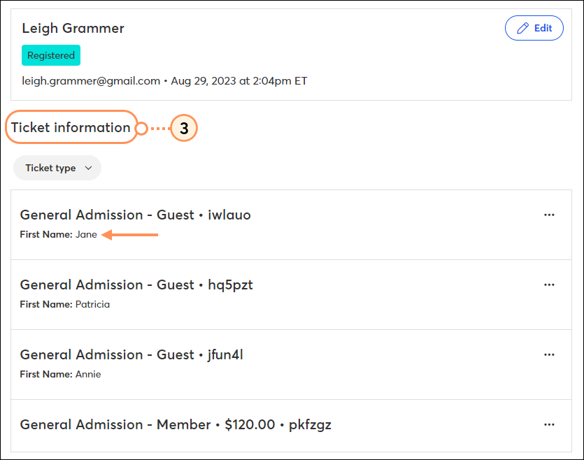 Información de entradas, entrada paga para personas que se registran y entradas gratuitas para invitados