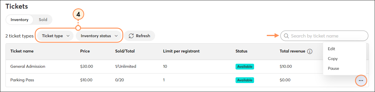 Filter or search ticket report