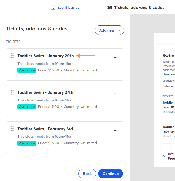 Opciones de entradas para ofertas de varias sesiones