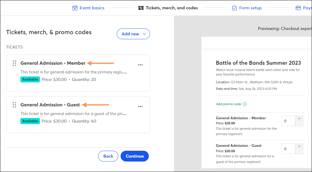 Member and Guest Ticket Types