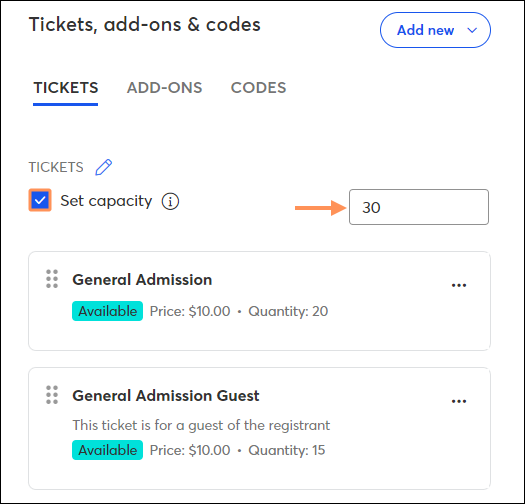 Fijar la capacidad total de entradas