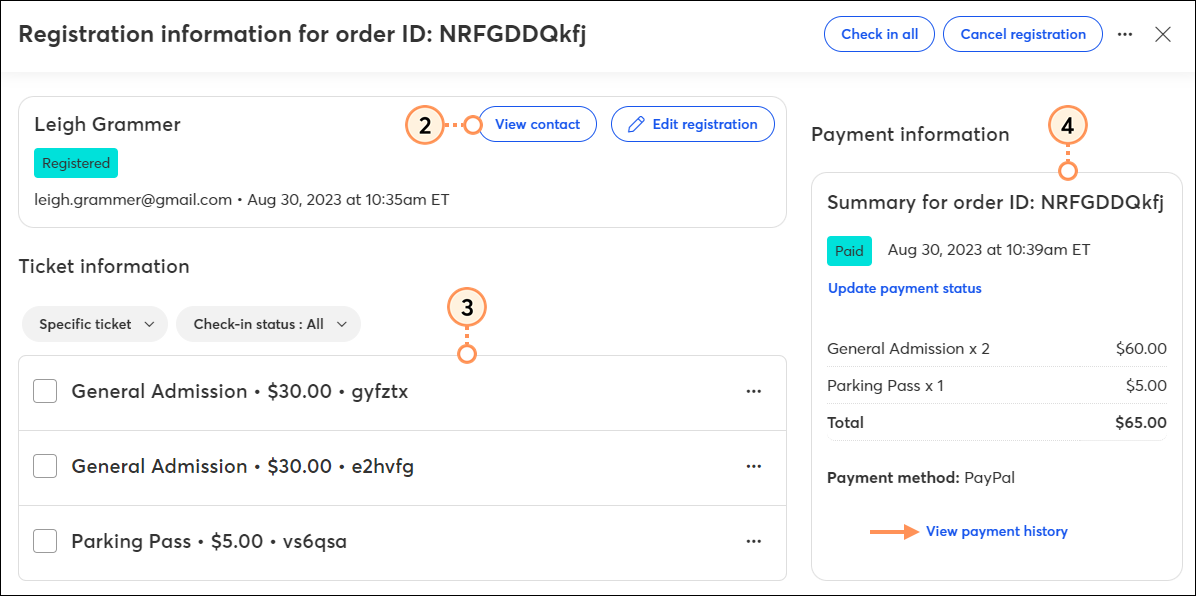 View registrant info, view payment history