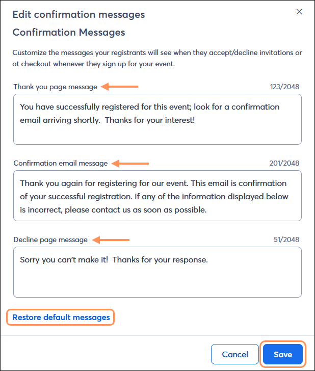 Edit messages, restore defaults, save