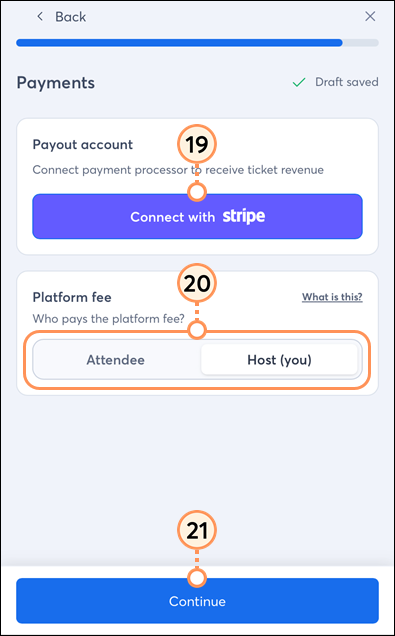 Connect with Stripe button, platform fee option, and Continue button