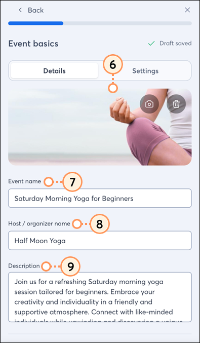 Event image, name, host name and description