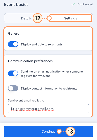 Event setting options with toggles and continue button