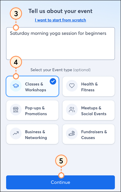 Event summary and type Continue button