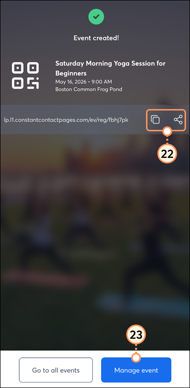 Landing page link with copy and share icons, and Manage event button