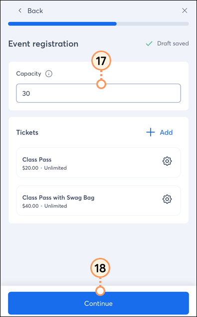 Ticket capacity option and Continue button