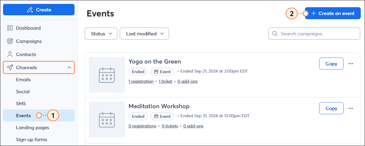 Menú despegable de Marketing Campaigns (Campañas de marketing) con la opción Events (Eventos) y el botón Create an Event (Crear un evento)