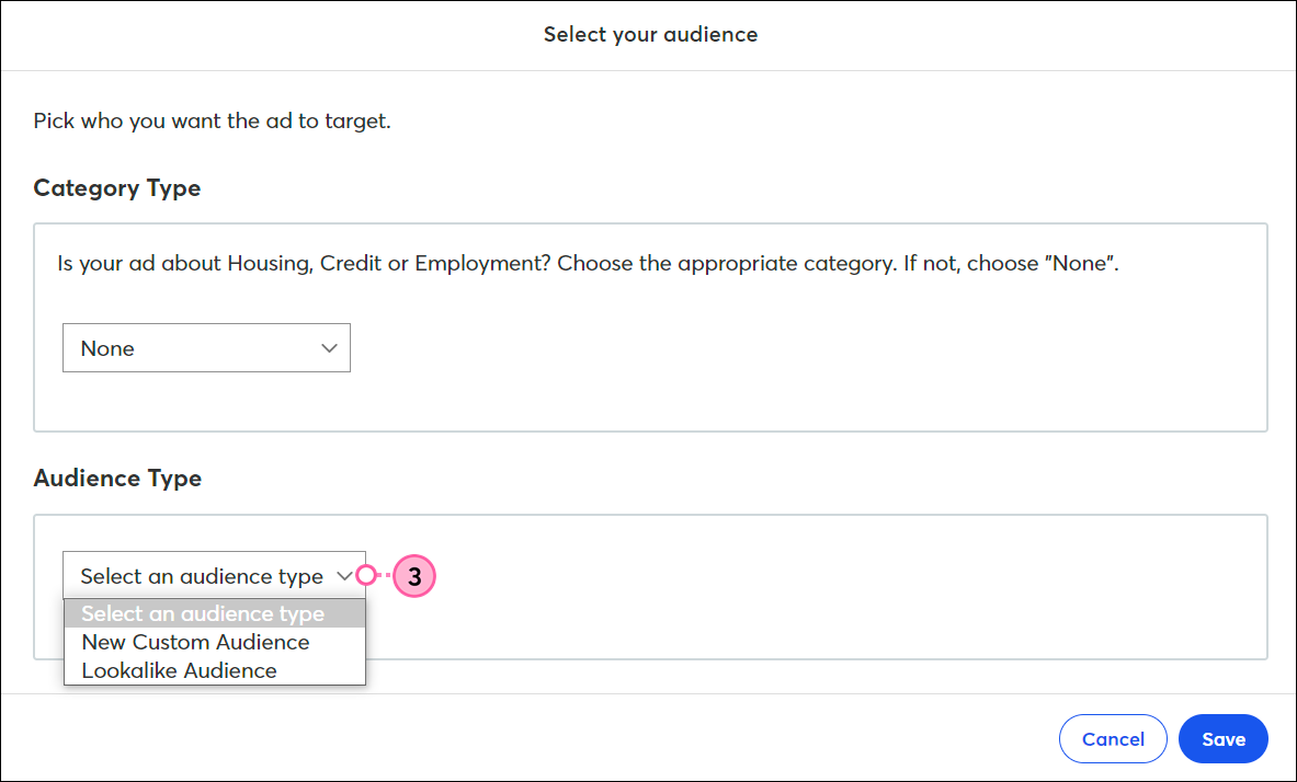 Select an audience type drop-down menu expanded and Lookalike Audience option