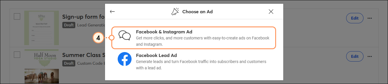 Fenêtre Choose an Ad (Choisir une publicité) avec option Facebook & Instagram Ad (Publicité Facebook et Instagram) sélectionnée Fenêtre Choose an Ad (Choisir une publicité) avec option Facebook & Instagram Ad (Publicité Facebook et Instagram) sélectionnée