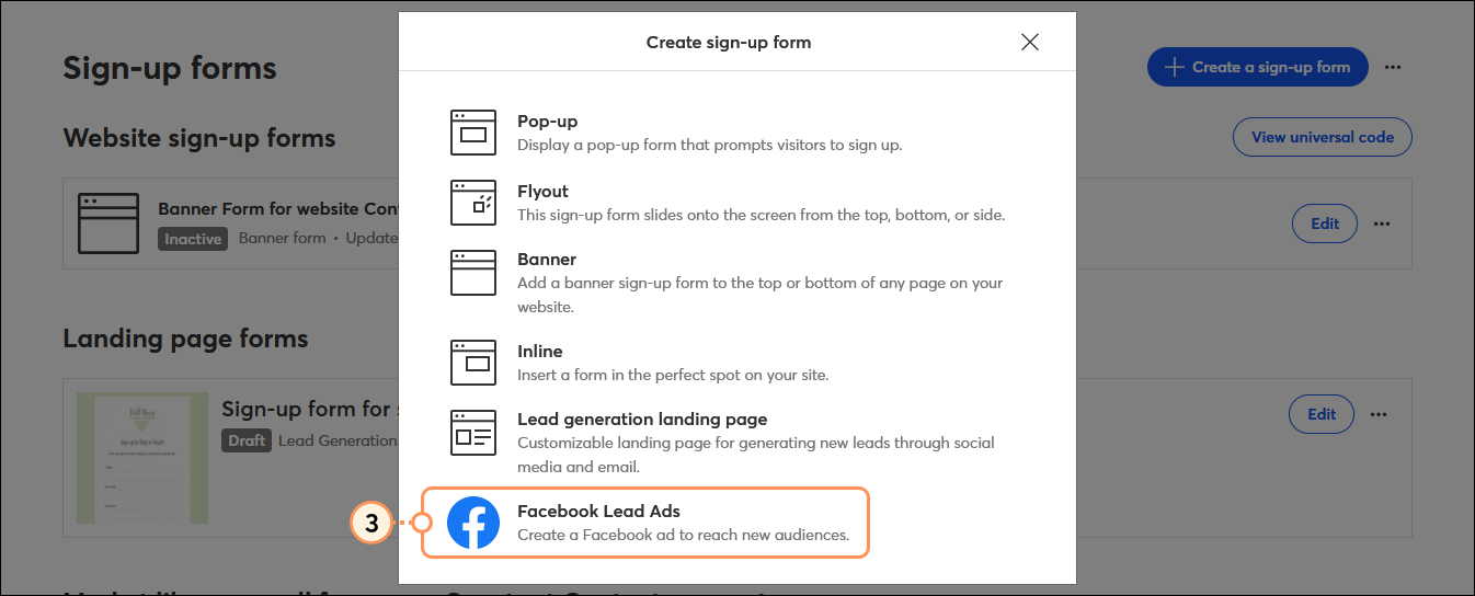 Choose a campaign overlay with Ads option selected Create a sign-up form overlay with Facebook Lead Ads option selected
