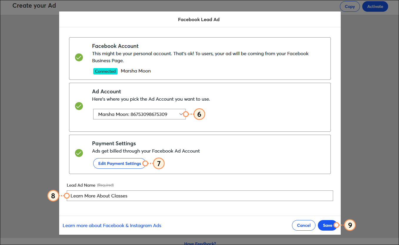 Facebook Lead Ad overlay with Facebook Account connected, Ad Account drop-down menu, Edit Payment Settings button, Facebook Lead Ad Name field, and Save button Facebook Lead Ad overlay with Facebook Account connected, Ad Account drop-down menu, Edit Payment Settings button, Facebook Lead Ad Name field, and Save button
