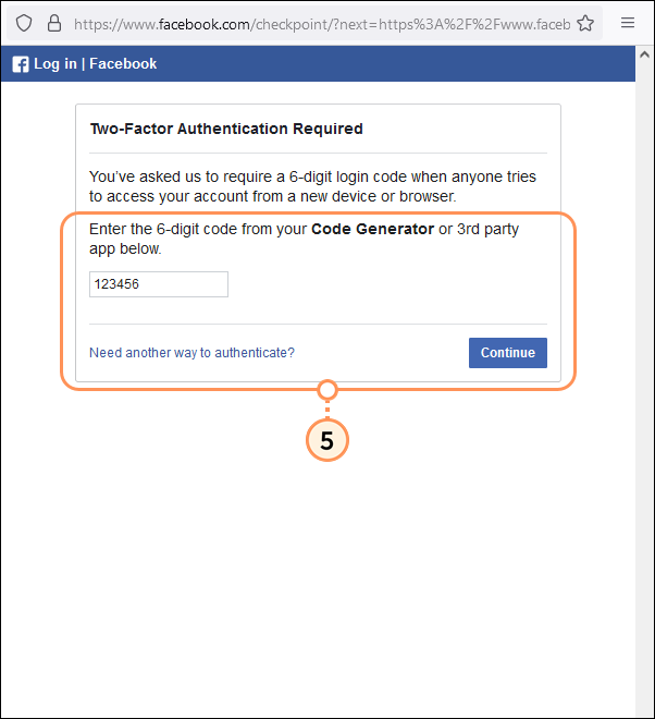 Facebook Log In Two-Factor Authentication Required page with Code field and Continue button Facebook Log In Two-Factor Authentication Required page with Code field and Continue button