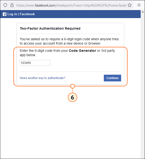 Page de connexion Facebook avec authentification à deux facteurs requise, avec champ Code et bouton Continue (Continuer) Page de connexion Facebook avec authentification à deux facteurs requise, avec champ Code et bouton Continue (Continuer)