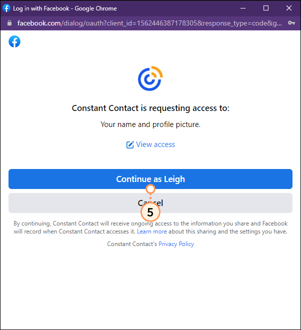 Facebook Constant Contact is requesting access to Your name and profile picture page with Continue as [name] button