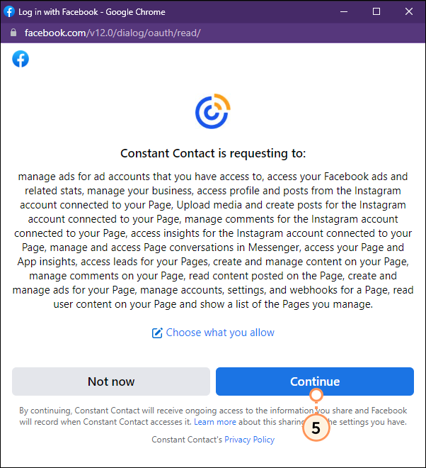 Facebook Constant Contact is requesting to page with permissions and Continue button Facebook Constant Contact is requesting to page with permissions and Continue button