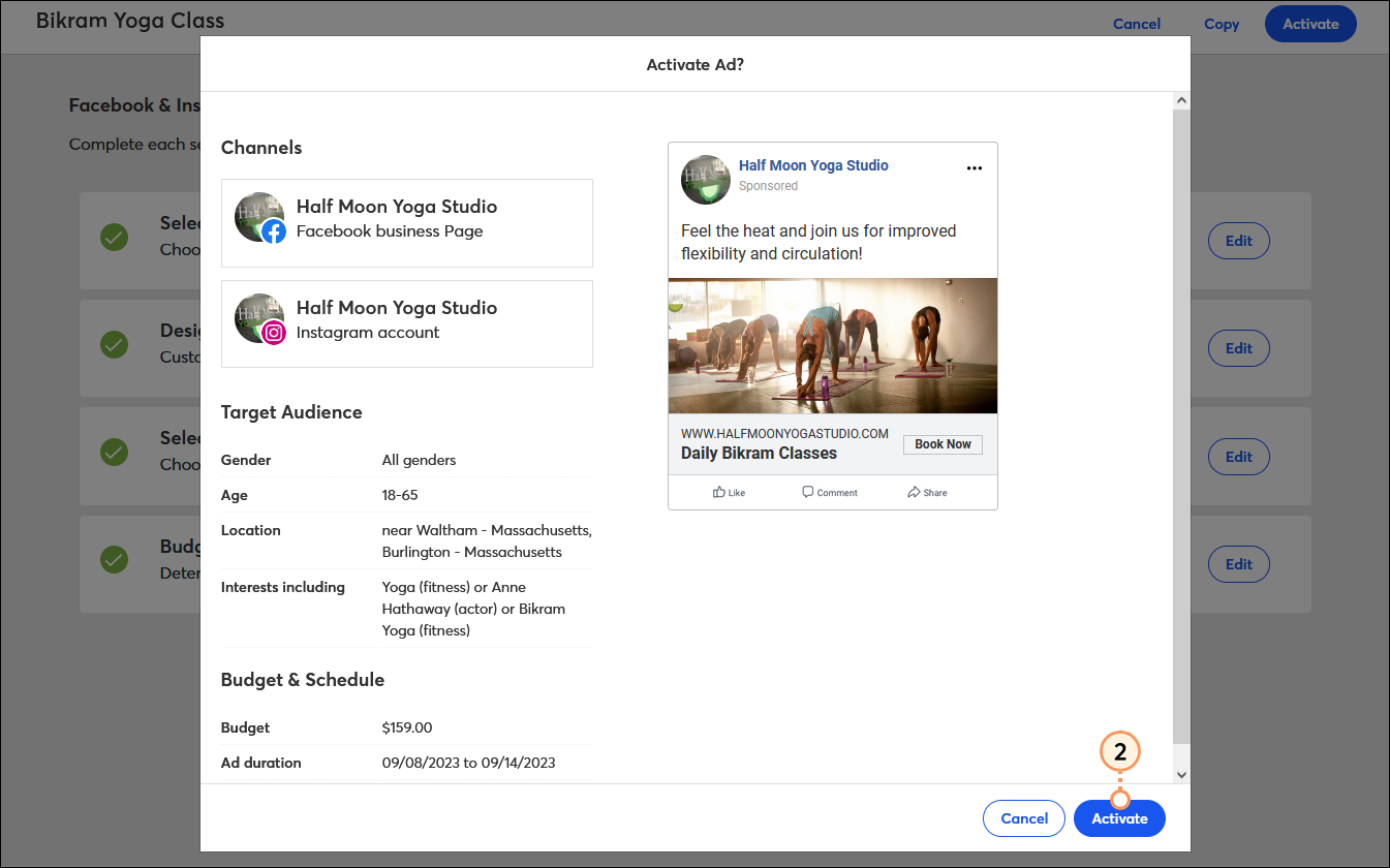 Activate Ad? overlay with Facebook and Instagram accoutns connected, ad preview, Target Audience information, Budget & Schedule information, and Activate button