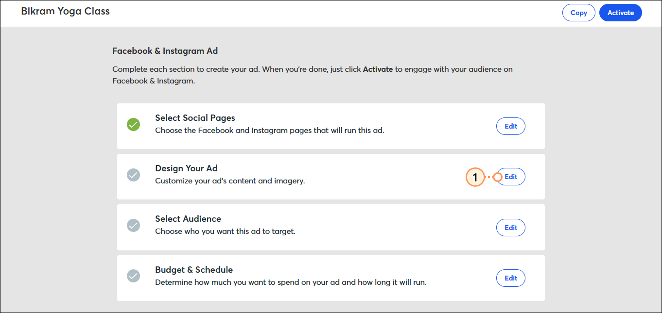 Facebook & Instagram Ad Design Your Ad section and Edit button Facebook & Instagram Ad Design Your Ad section and Edit button