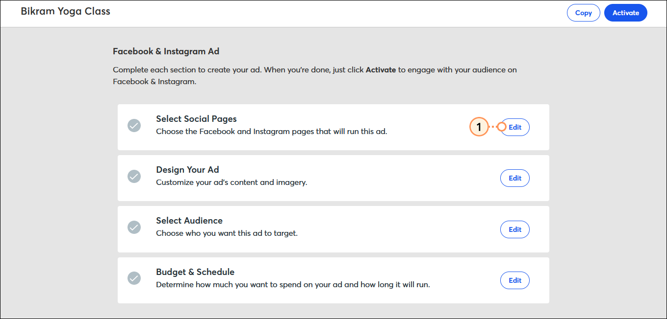 Facebook & Instagram Ad Select Social Pages section and Edit button Facebook & Instagram Ad Select Social Pages section and Edit button