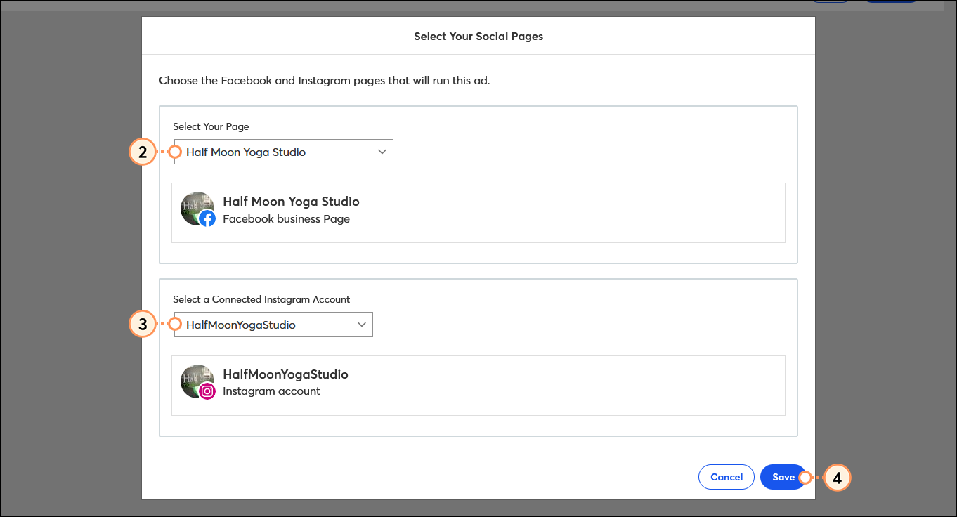 Select Your Social Pages overlay with Facebook and Instagram accounts selected, and Save button Select Your Social Pages overlay with Facebook and Instagram accounts selected, and Save button