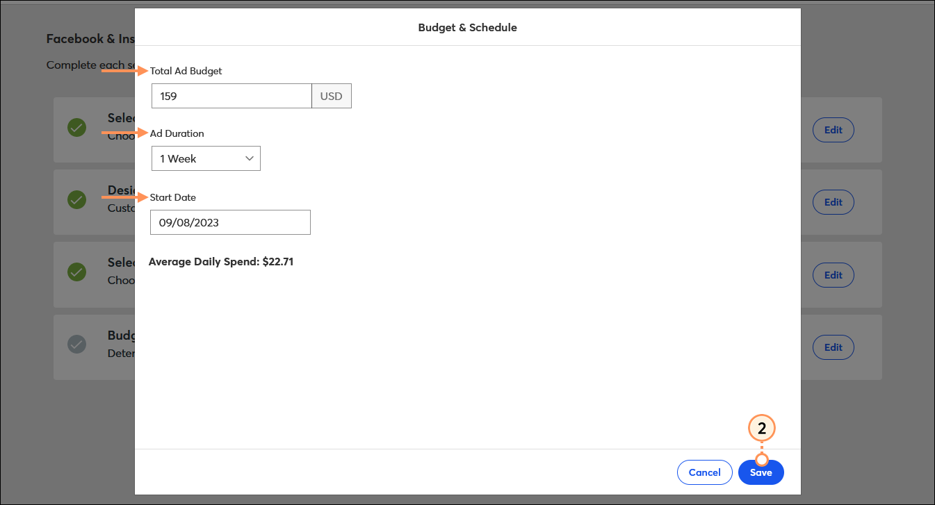 Budget & Schedule overlay with Total Ad Budget field, Ad Duration drop-down Menu, Start Date field, and Save button