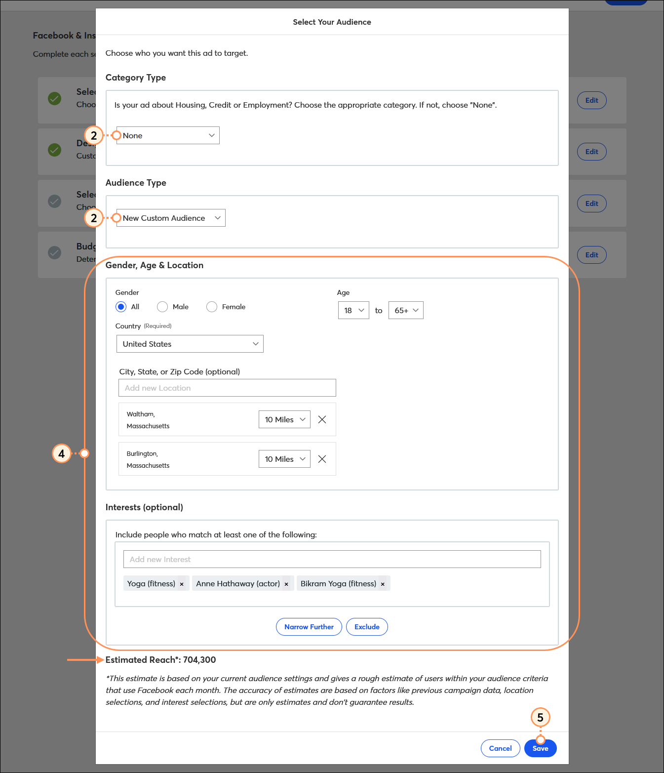 Select Your Audience overlay with Category Type section and None option selected, Audience Type section and New Custom Audience selected, Gender Age and Location options, Interests field, and Save button