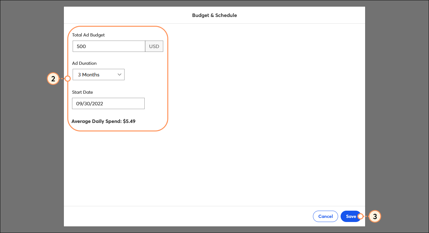 Total Ad Budget Field, Ad Duration Drop-down Menu, Start and End Date Fields, and Save Button