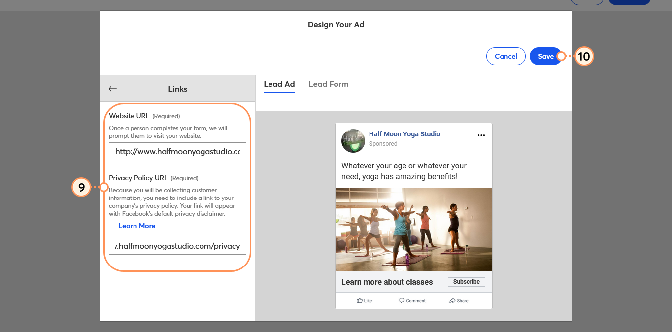 Website URL and Privacy Policy URL Fields, and Save Button