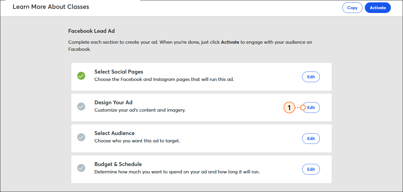 Facebook Lead Ad Design Your Ad section and Edit button Facebook Lead Ad Design Your Ad section and Edit button